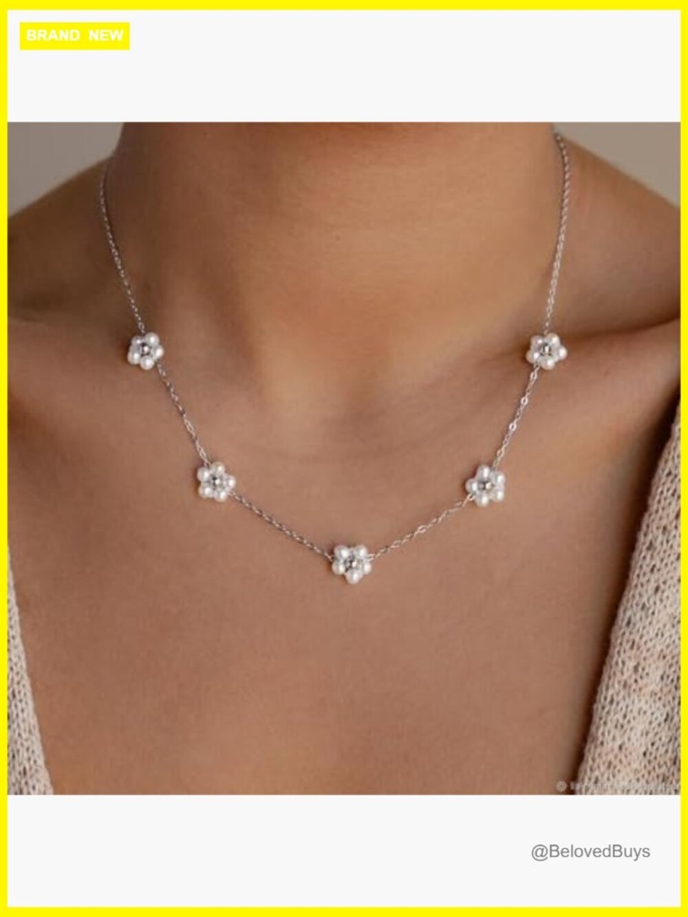 Stainless Steel Daisy Pearl Choker Necklace, Adjustable 15 Inch Chain - Picture 4 of 7